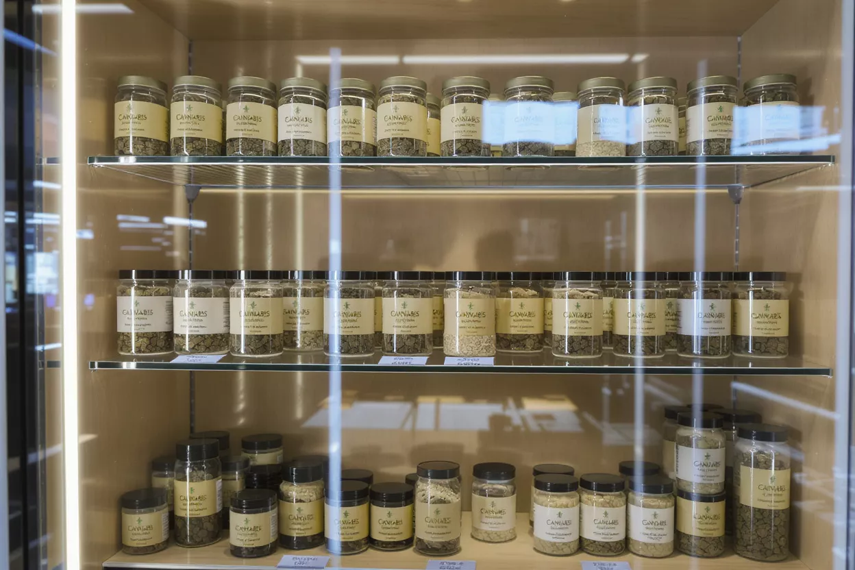 Cannabis Jars on Display Numerous glass jars labeled 'Cannabis' filled with dried herbs on a well-lit display shelf.