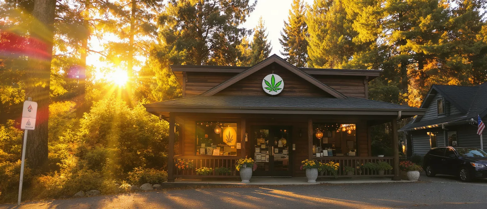 Wooden cannabis dispensary building with a marijuana leaf logo under a golden sunset.