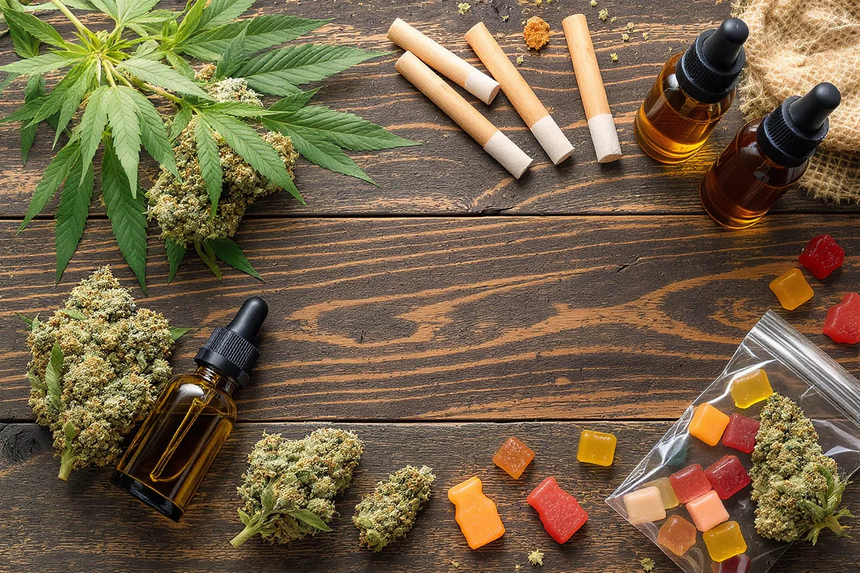 Assorted Cannabis Products on Wood Cannabis buds, oil, pre-rolls, and gummies on a rustic wooden surface.