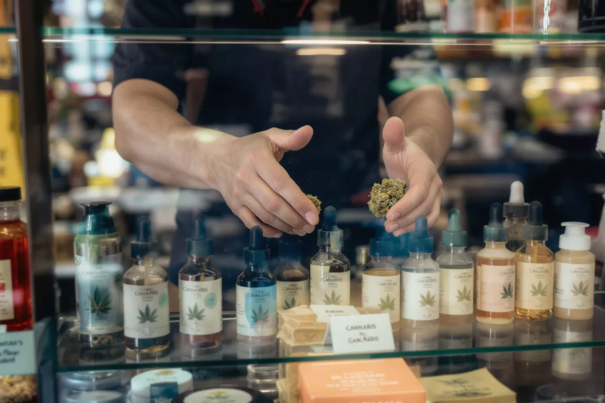 Cannabis Buds and Products Display Hands holding two cannabis buds over a display of CBD oils and tinctures.