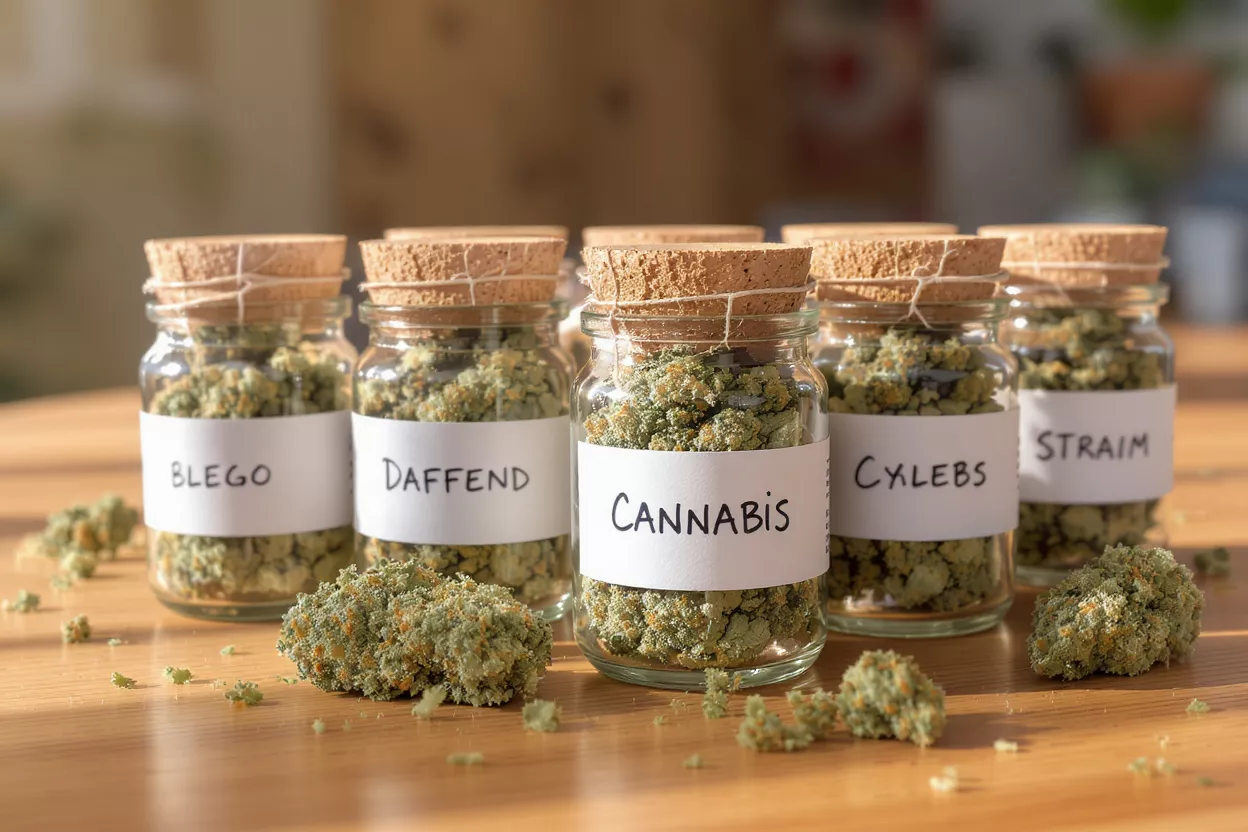 Cannabis Strains in Jars Several glass jars with cork tops filled with cannabis buds on a wooden surface.