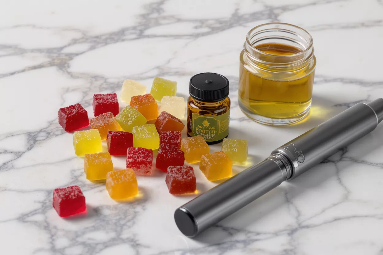 CBD Gummies, Oil, and Vape Colorful CBD gummies, oil, and vape pen on a marble surface.