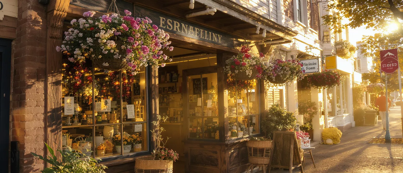 A charming storefront adorned with hanging flower baskets at sunset, casting warm light.