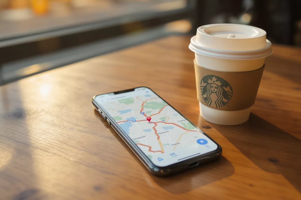 Coffee and Map Navigation Smartphone displaying a map application next to a Starbucks coffee cup on a wooden table.