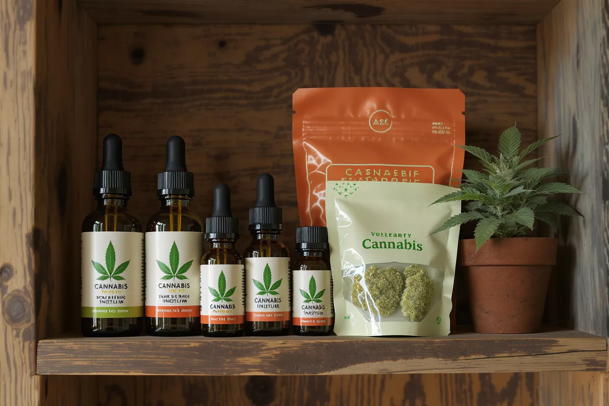 Cannabis Products Display Various cannabis products including tinctures, edibles, and a small plant on a wooden shelf.