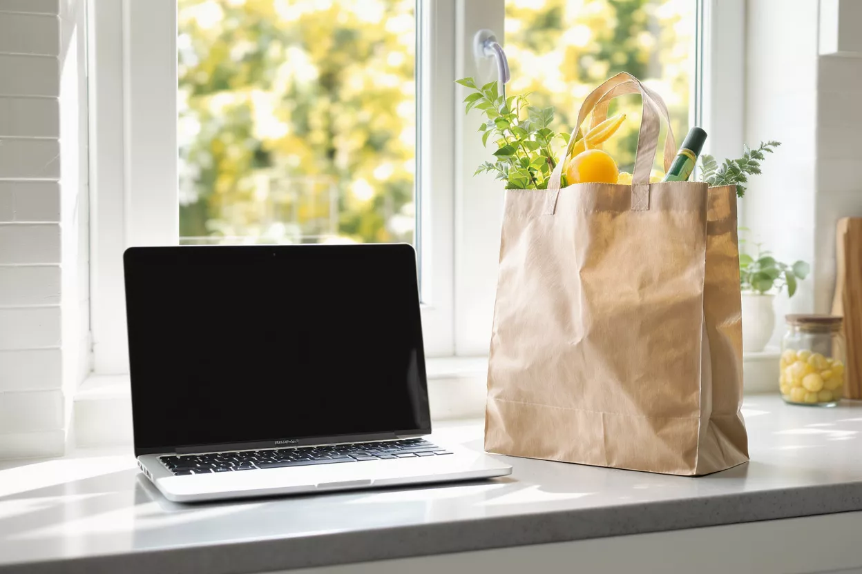 Laptop and Grocery Bag on Counter Laptop and brown paper grocery bag with produce on a sunlit kitchen counter.