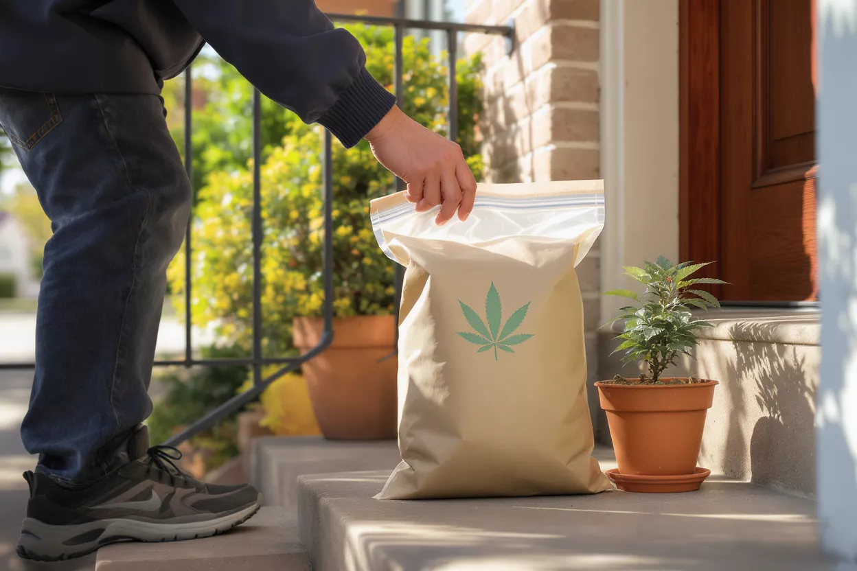 Person receiving a cannabis delivery bag with a marijuana leaf logo on their doorstep.