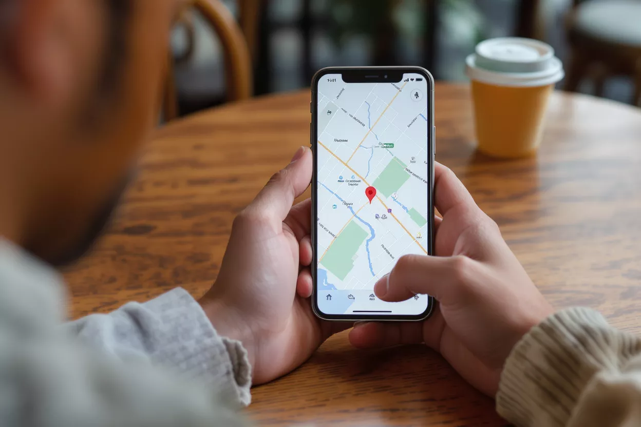 Close-up of hands holding a smartphone displaying a map application with a red pin.