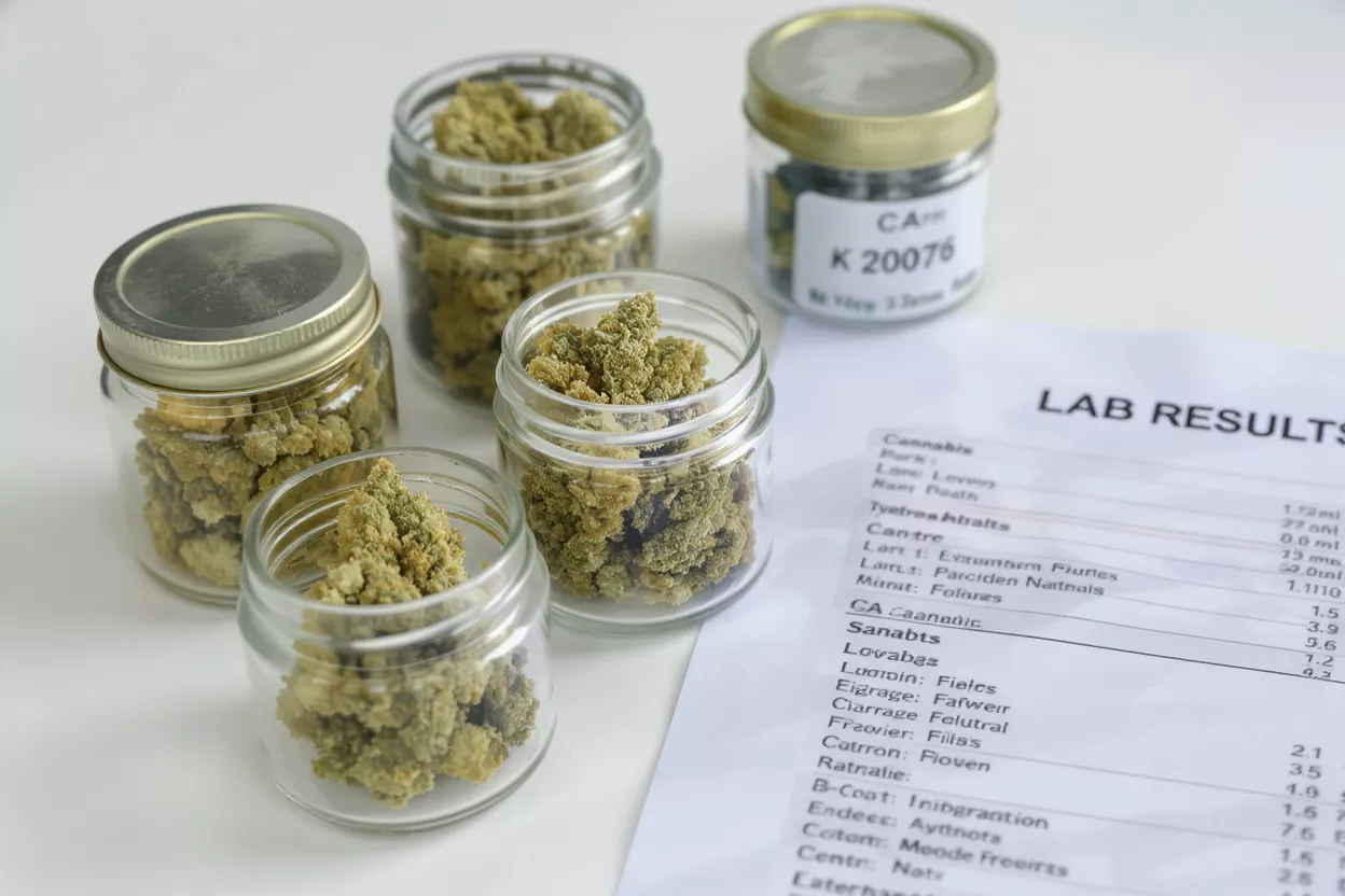 Several jars of cannabis buds next to a lab results document.