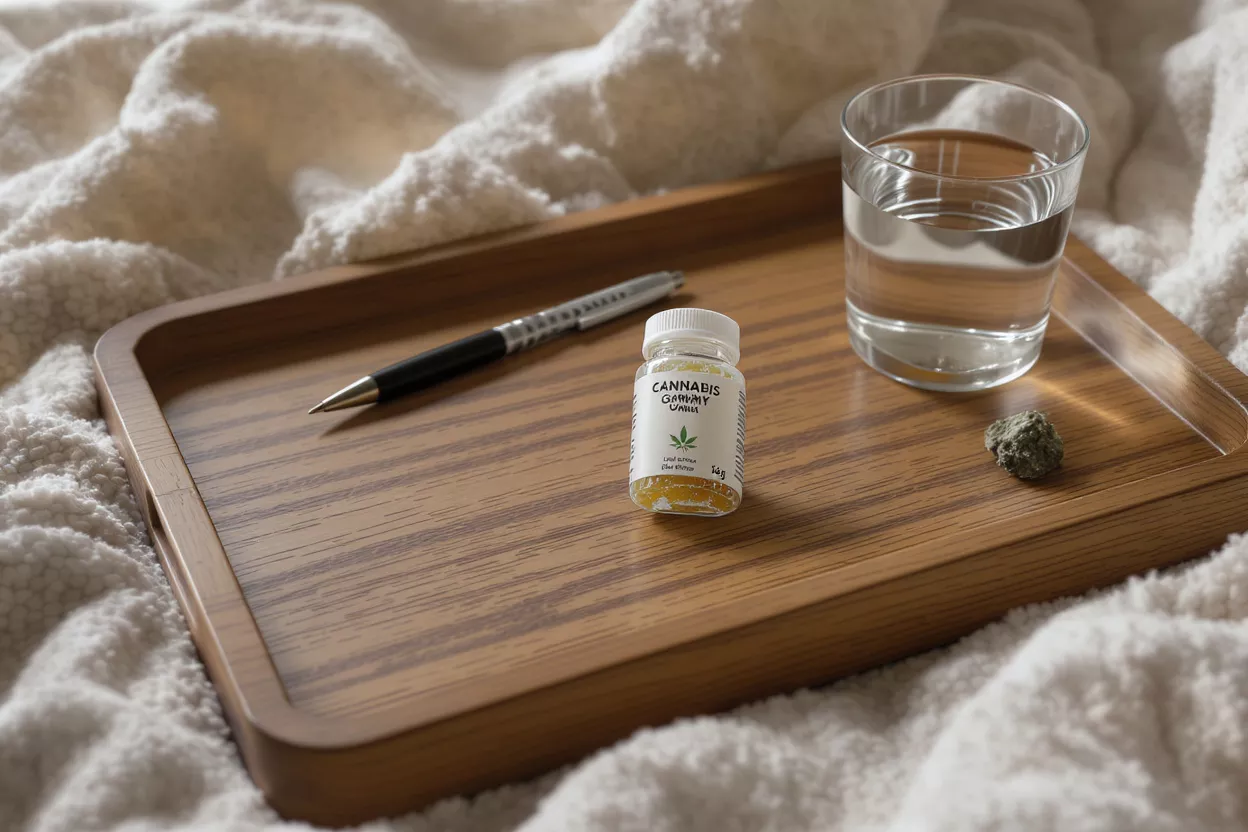 A wooden tray with cannabis gummies, a pen, water glass, and a bud.
