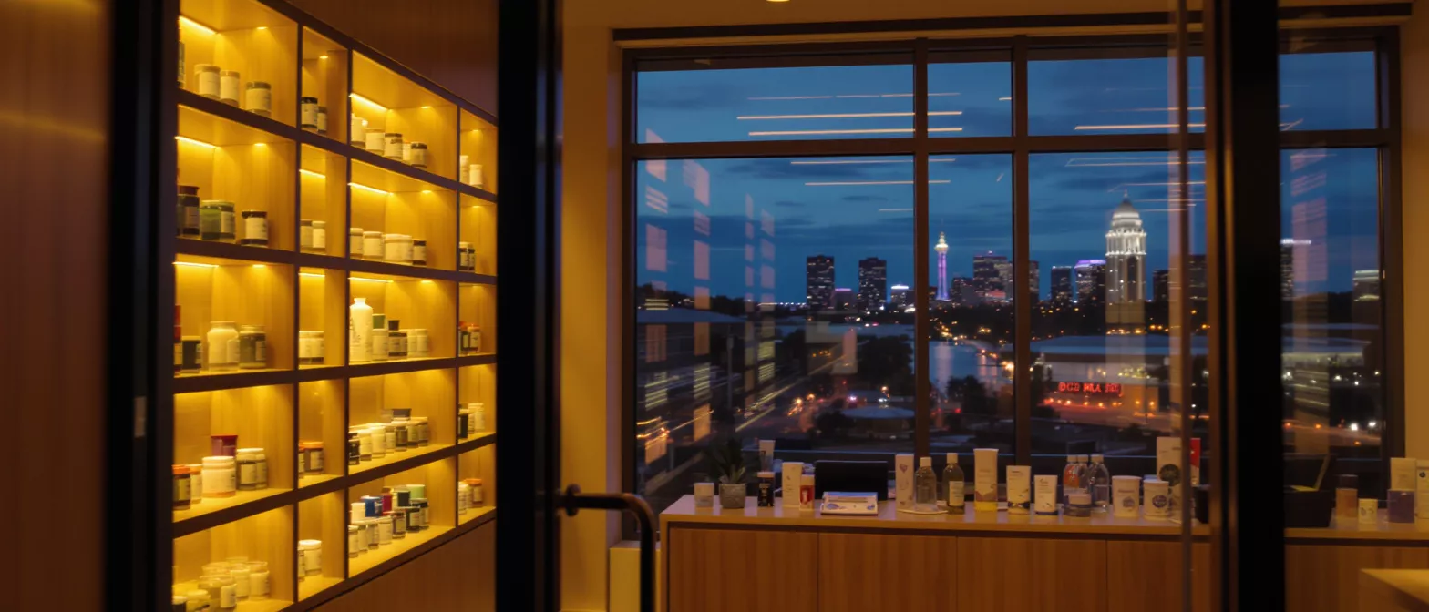 Illuminated shelves with products, cityscape at dusk through large window, counter with items.