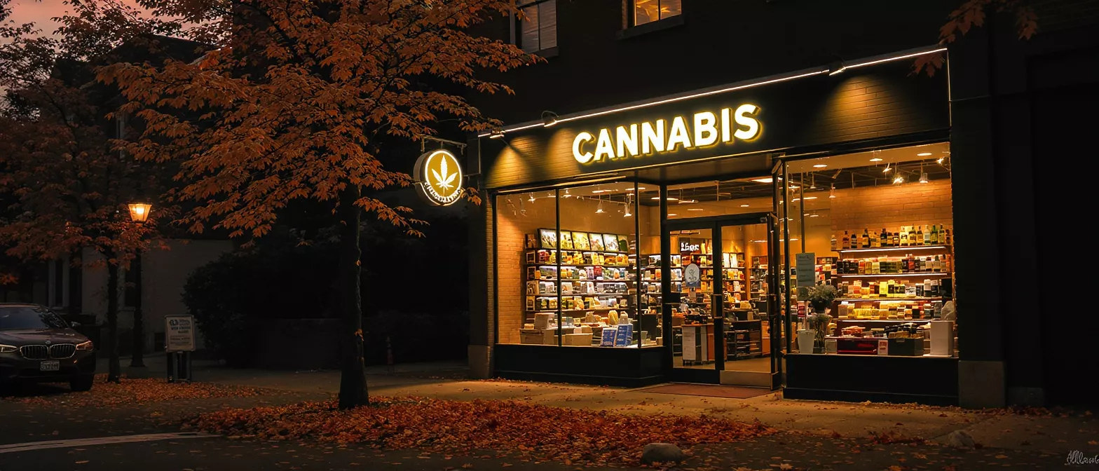 A brightly lit cannabis store at night with autumn leaves scattered on the sidewalk.