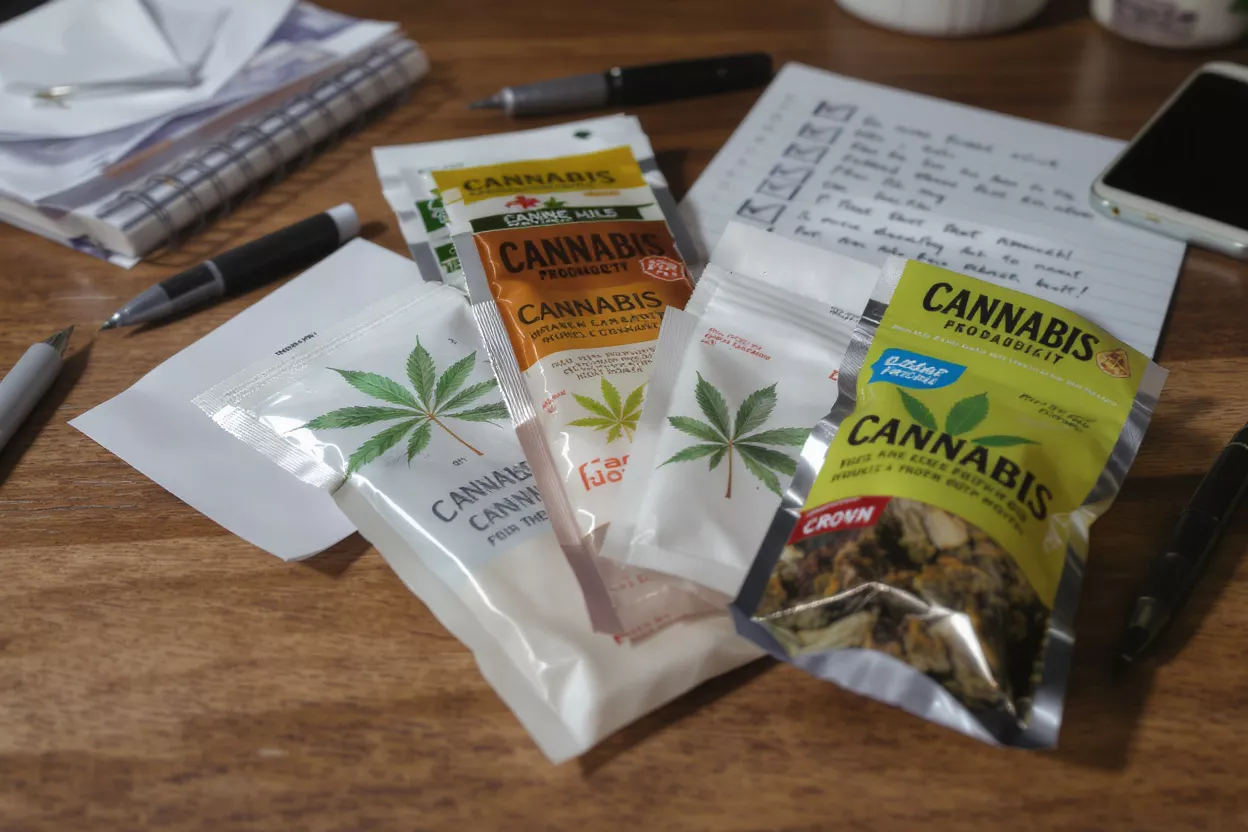 Cannabis Product Packaging on Desk Various cannabis product packages with marijuana leaf logos on a wooden desk with pens and paper.