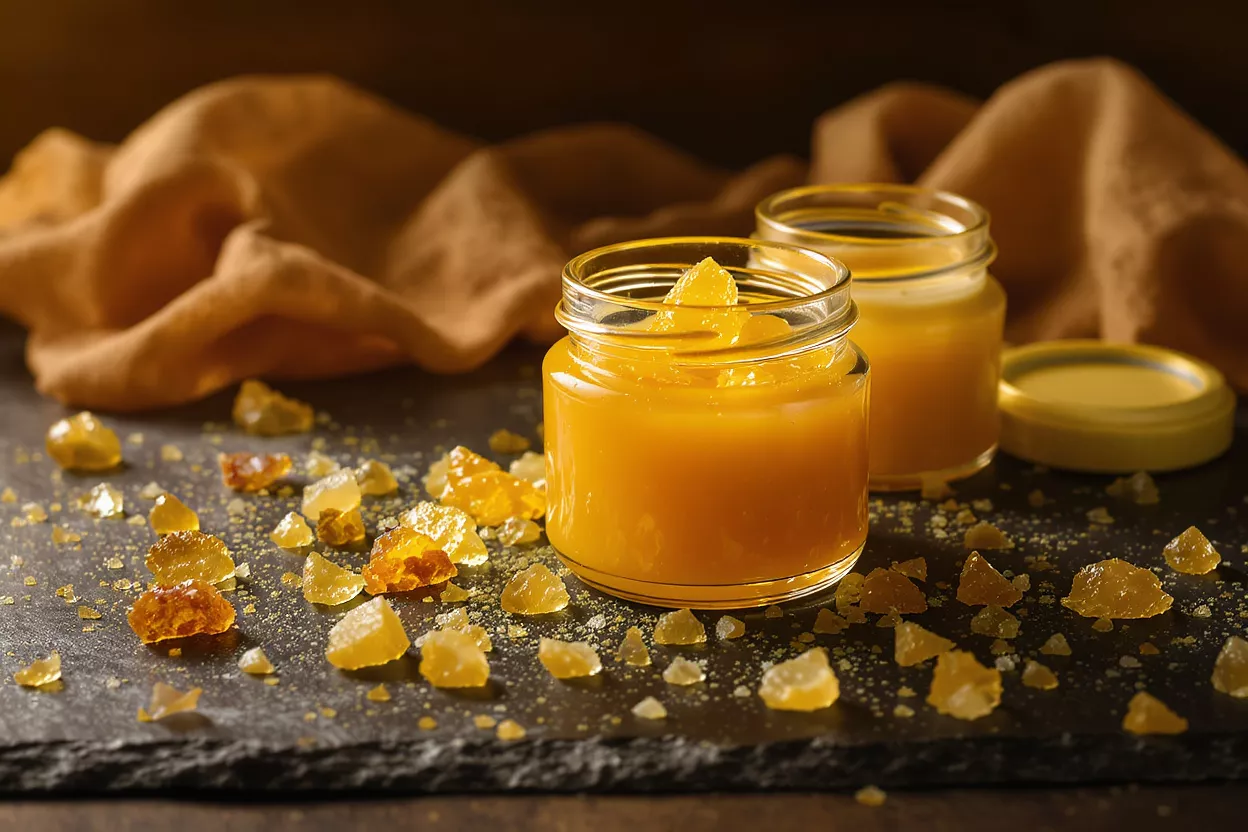 Honey Ginger Jars with Crystallized Sugar Two jars of golden honey ginger, surrounded by crystallized sugar pieces on a dark surface.