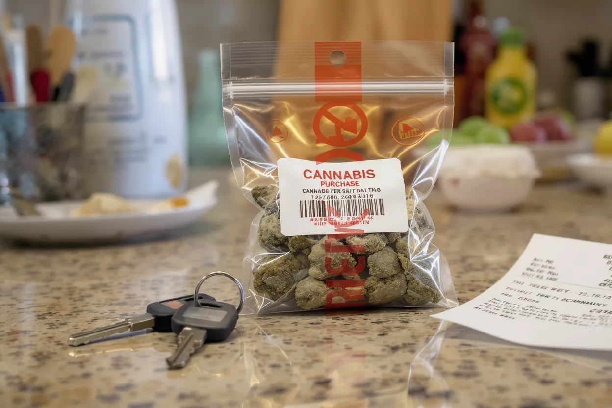 Cannabis Purchase with Keys and Receipt Plastic bag of cannabis, car keys, and a receipt on a kitchen counter.