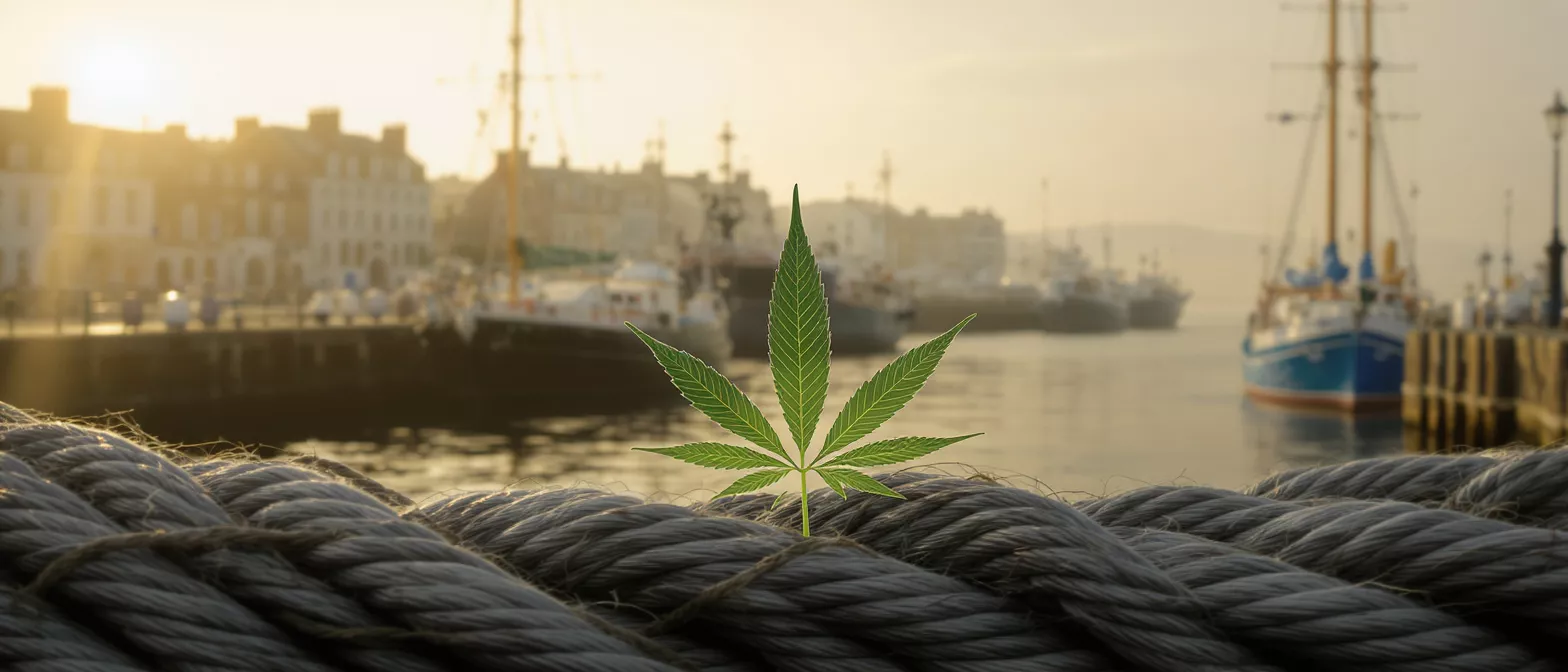 A vibrant green cannabis leaf against a blurred harbor at sunrise.
