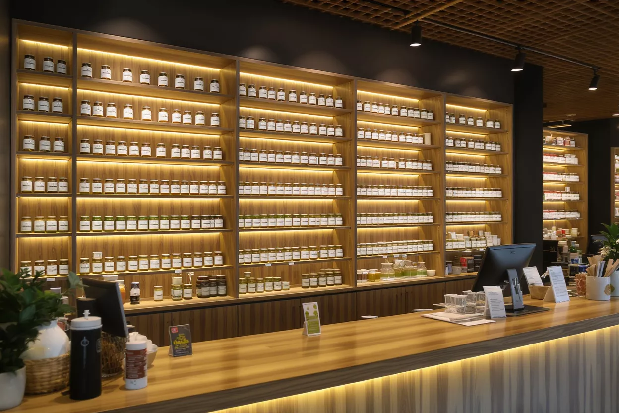 Store Interior Product Display Interior of a store with illuminated shelves displaying numerous jars of products.