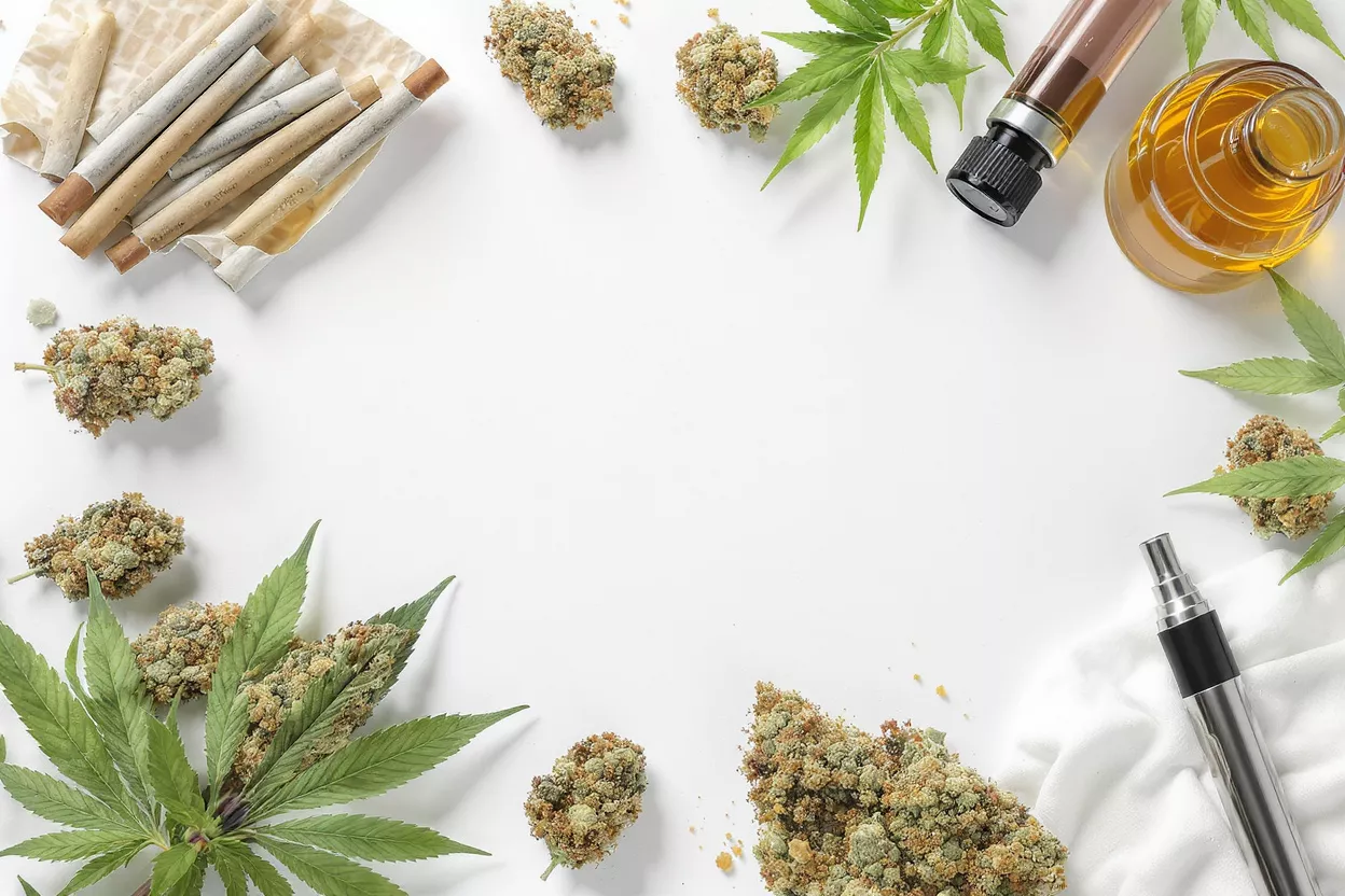 Cannabis Products on White Background Various cannabis products including buds, leaves, pre-rolls, oil, and vape pen.