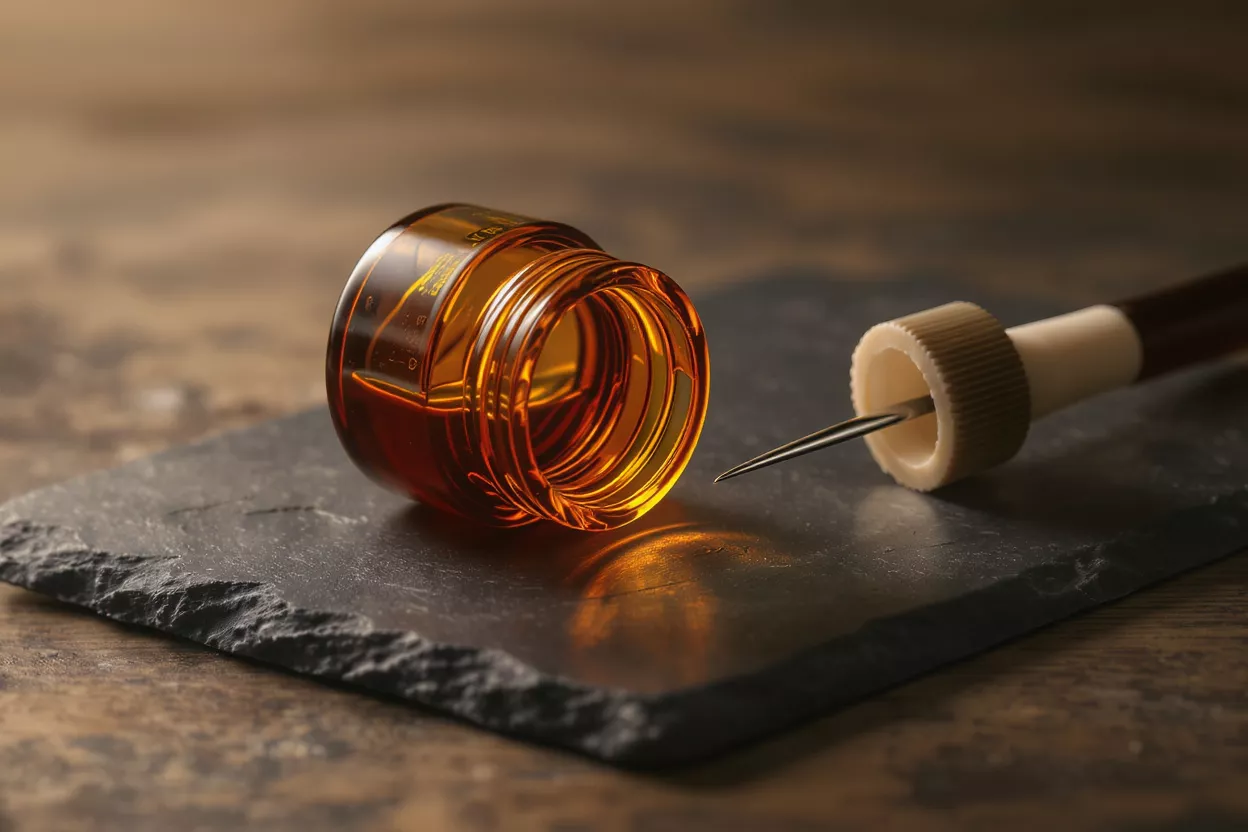 Cannabis Oil and Dab Tool Amber cannabis oil in jar with dab tool on slate surface.