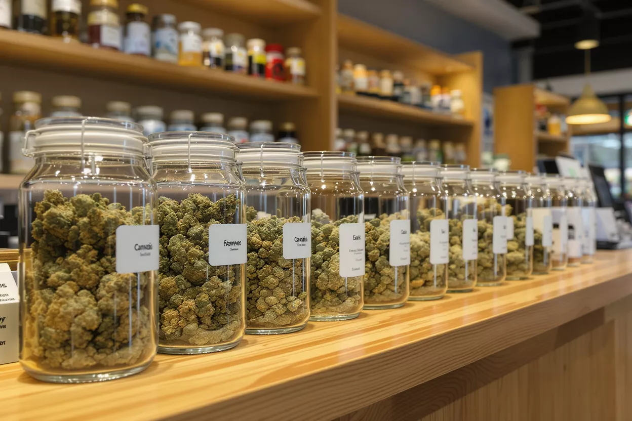 Cannabis Jars in Dispensary Row of glass jars filled with cannabis buds on a wooden counter in a dispensary.