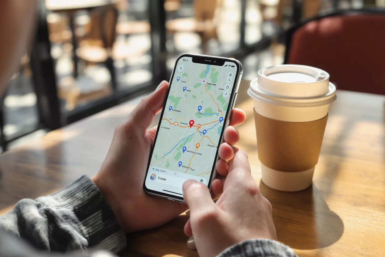 Person Using Phone Map App Hands holding a smartphone displaying a map application with a coffee cup nearby.