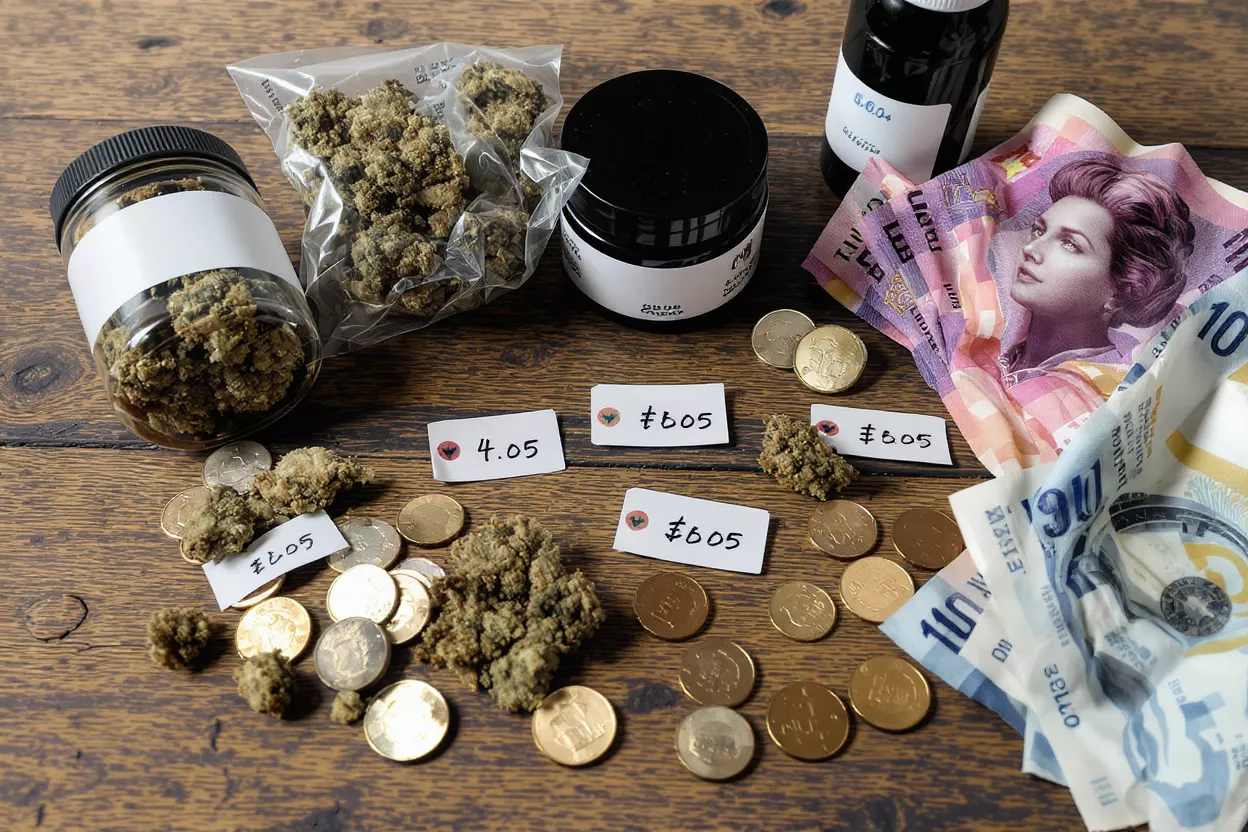 Cannabis Products and Pricing Cannabis buds in jars, bags, and loose with price tags, coins, and banknotes.