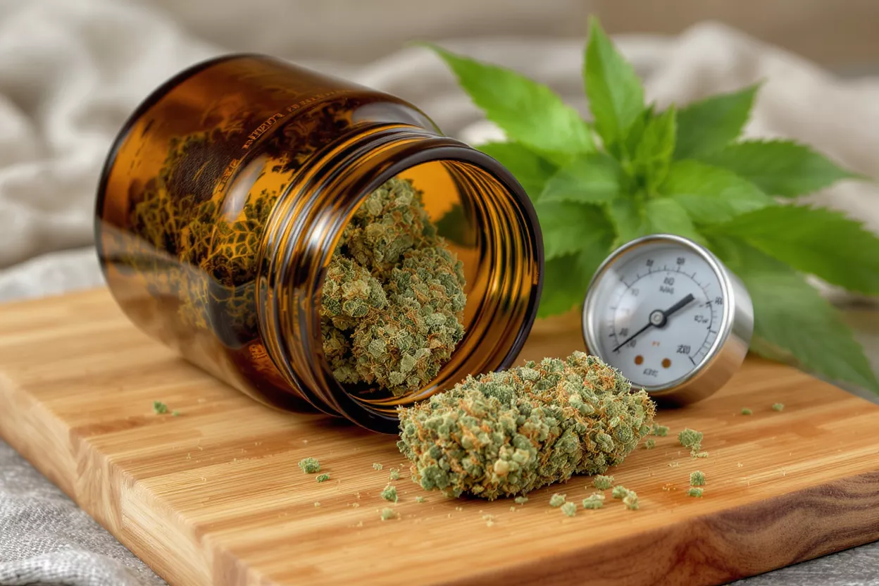 Cannabis Buds in Jar with Gauge Cannabis buds spilling from an amber jar onto a wooden board with a pressure gauge.