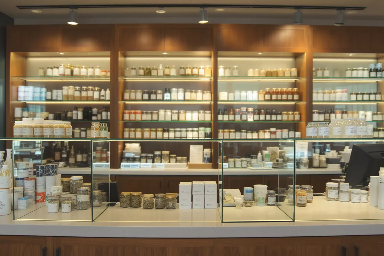 A store display with numerous jars of herbal remedies and products.