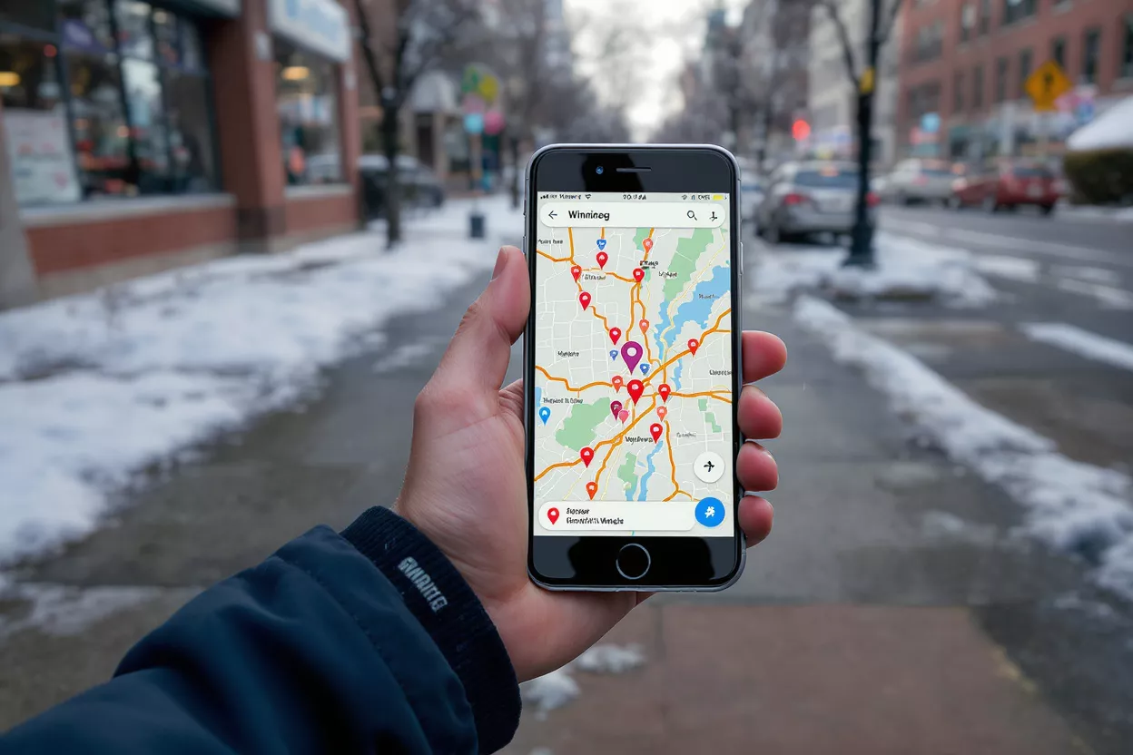 Hand holding a smartphone displaying a map application in a snowy city environment.