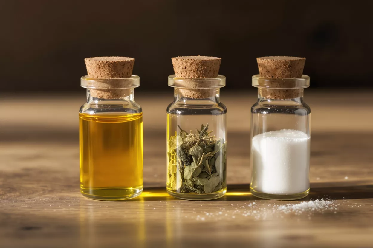 Three small glass vials with cork stoppers containing oil, dried herbs, and white powder.