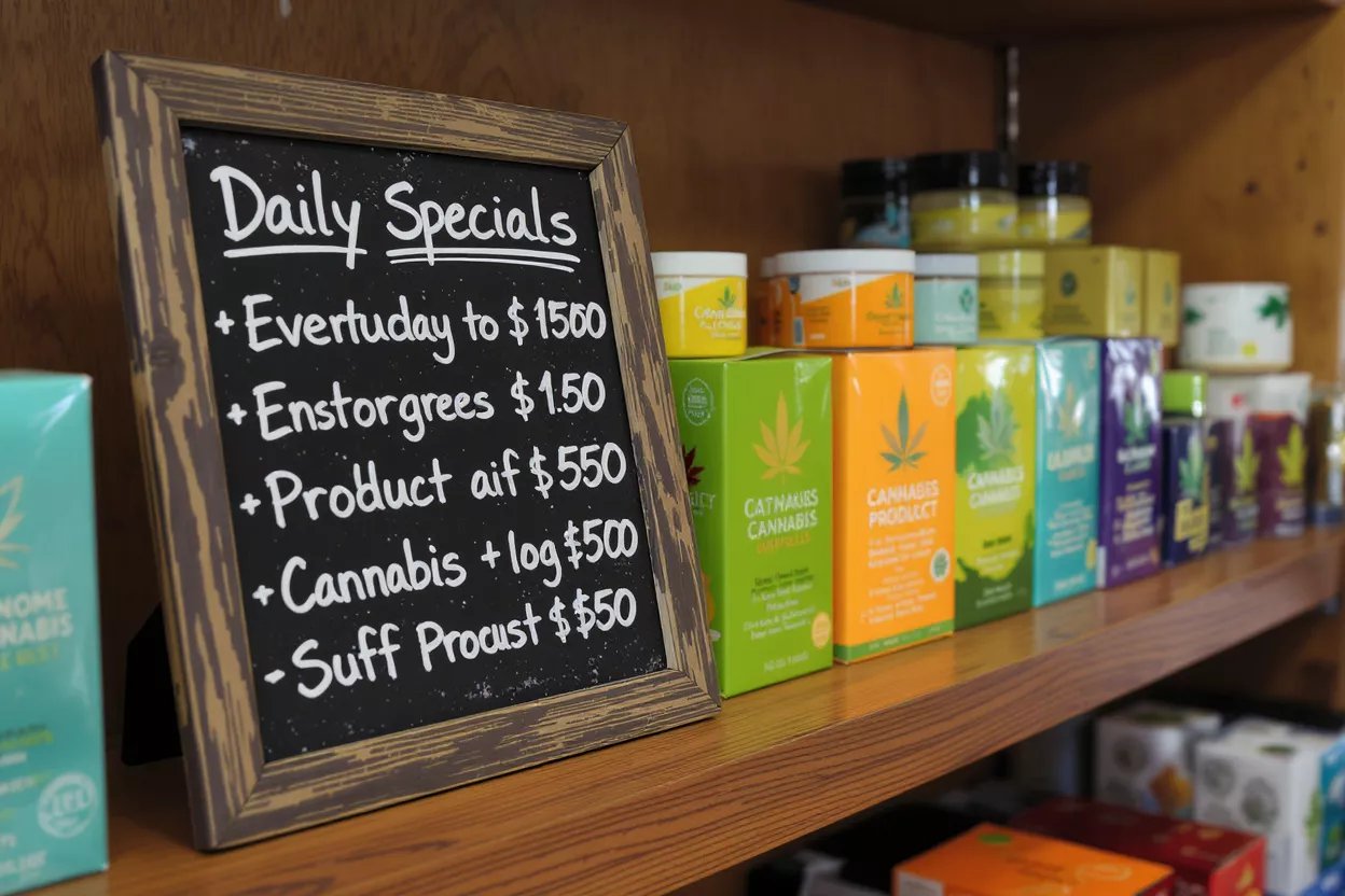 Chalkboard with daily specials next to cannabis products on a wooden shelf.