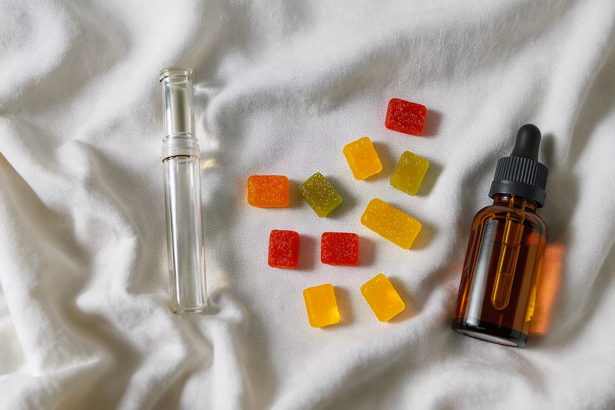 Colorful CBD gummies, an amber oil dropper bottle, and a vape pen on white fabric.