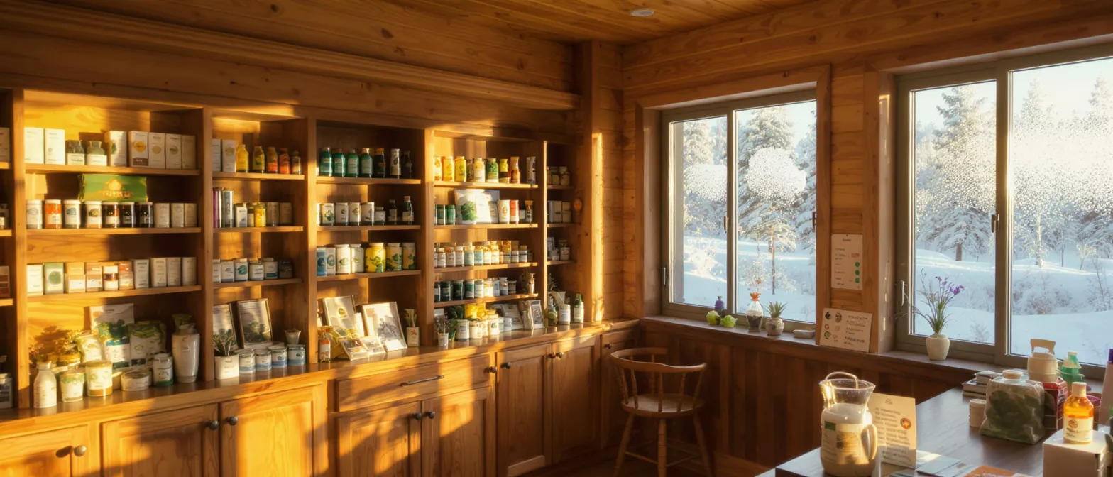 Interior of a wooden store with shelves of products and a snowy winter view.