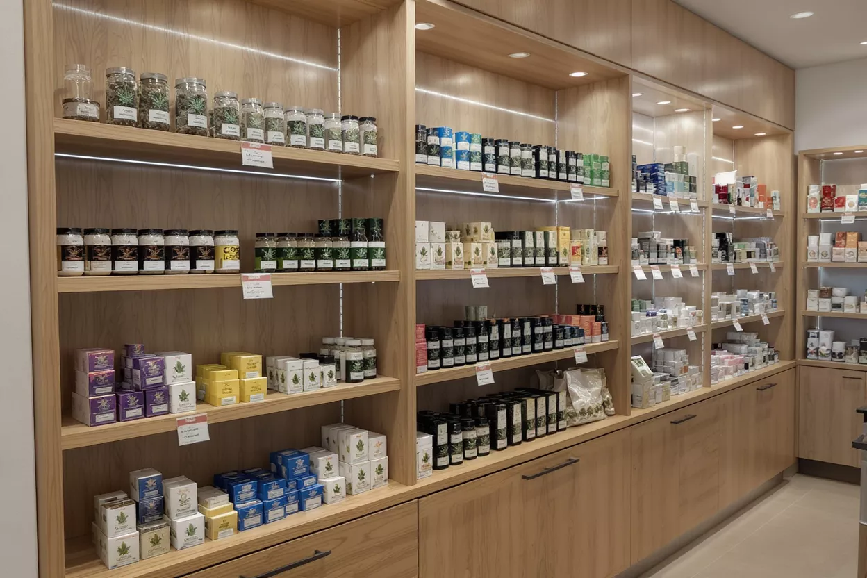 Interior of a cannabis dispensary with various products displayed on wooden shelves.