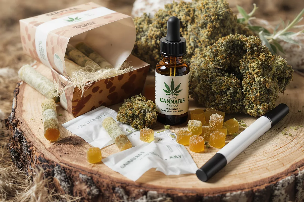 Various cannabis products including pre-rolls, oil, gummies, and flower on a wooden surface.