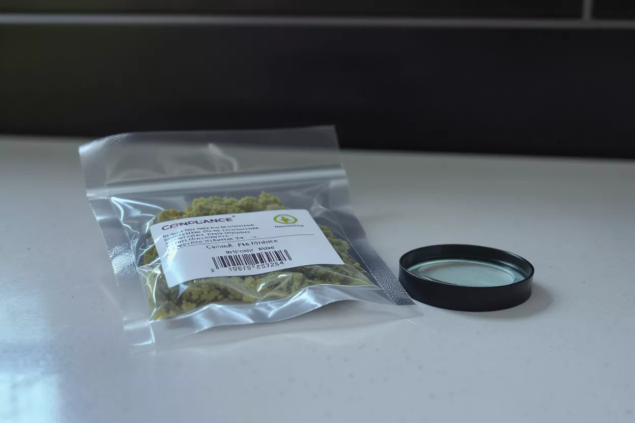 Clear plastic bag of cannabis product next to a magnifying glass.