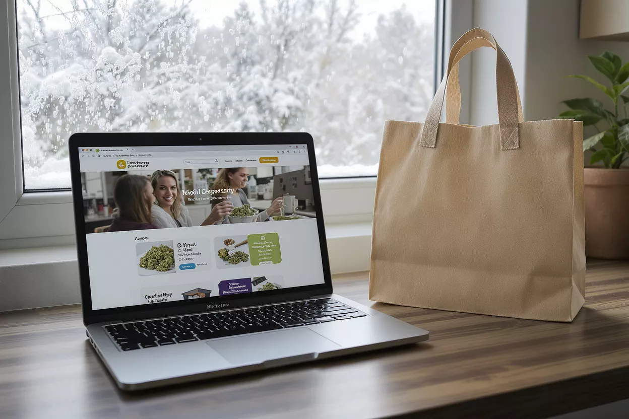 Laptop with cannabis dispensary website next to a brown shopping bag.