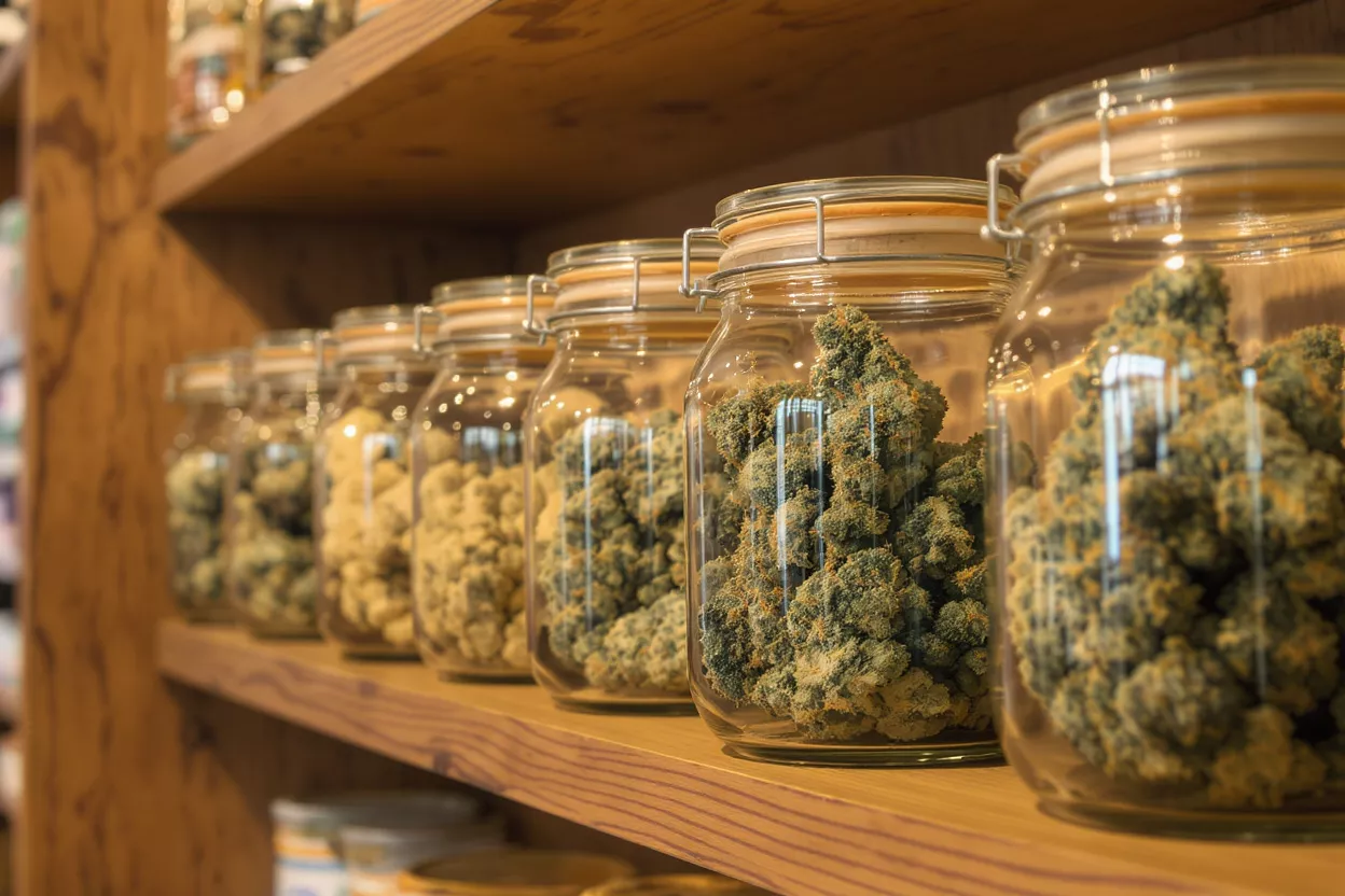 Varios frascos de vidrio llenos de botones de cannabis en una estantería de madera en una dispensaria.