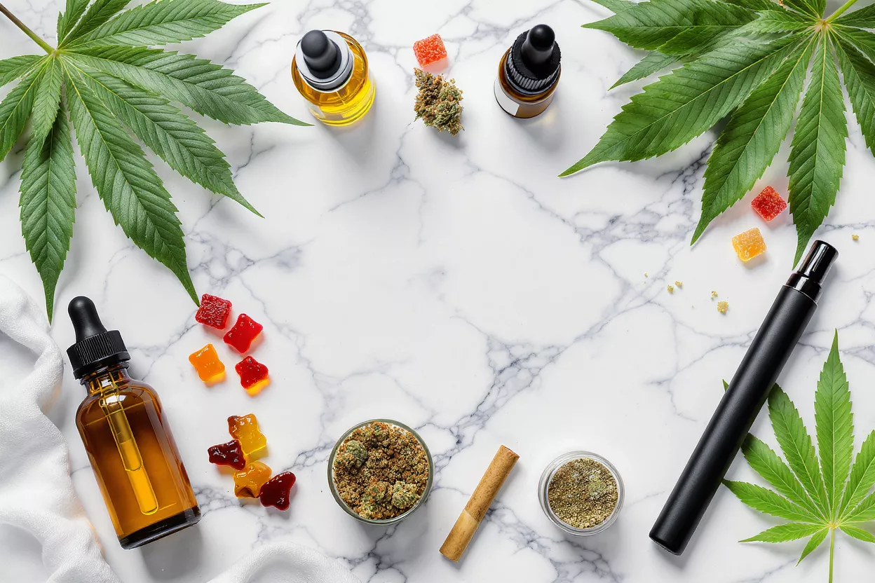Varios productos de cannabis, incluyendo aceites, gomitas, flor y vaporizador, sobre mármol.