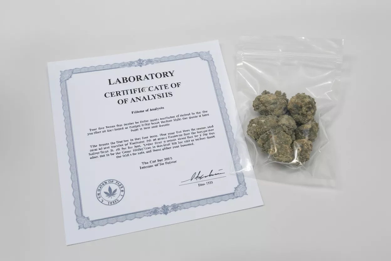Certificado de laboratorio de cannabis junto a una bolsa de cogollos de cannabis sobre fondo blanco.