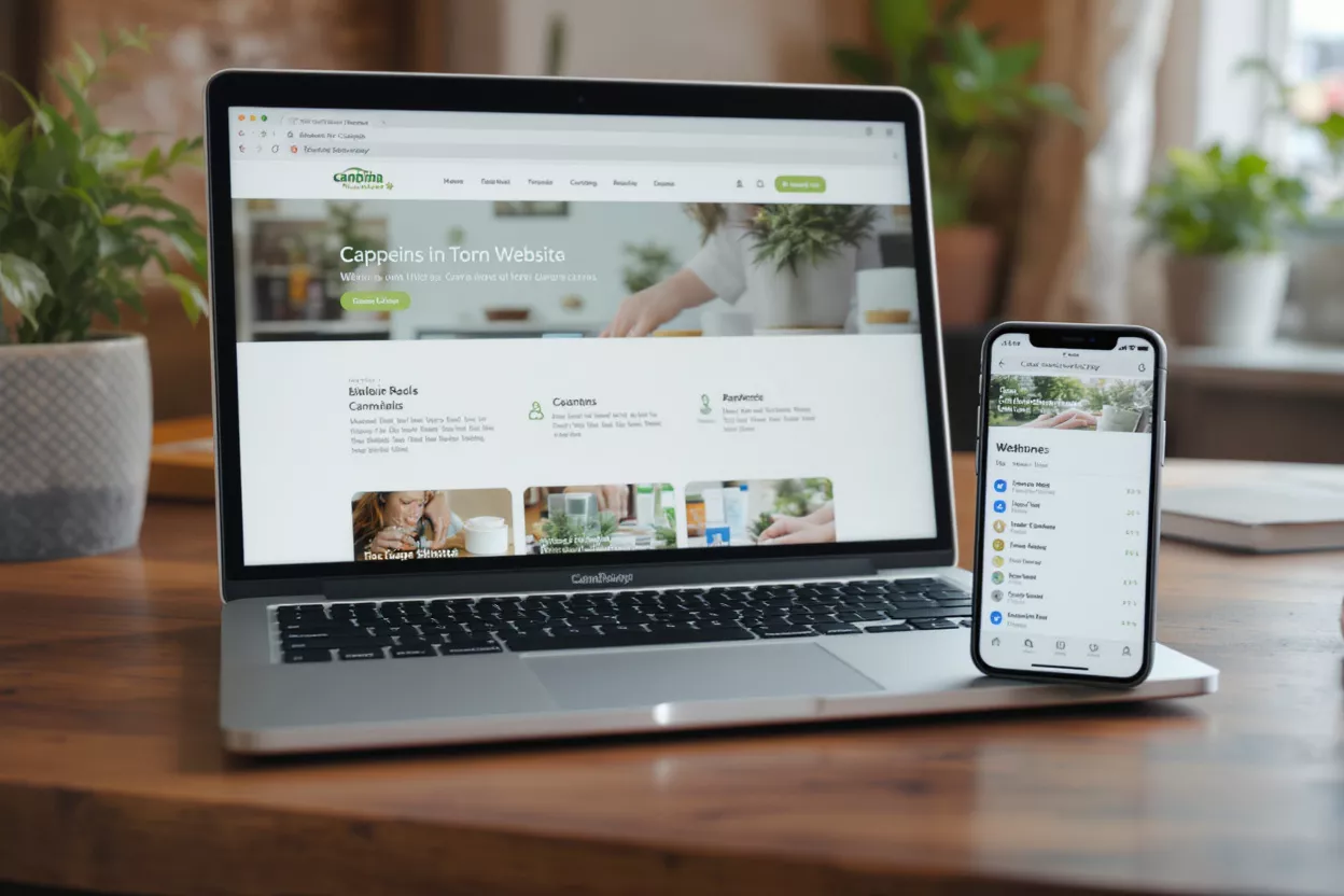 Portátil y teléfono mostrando un sitio web sobre una mesa de madera con plantas.