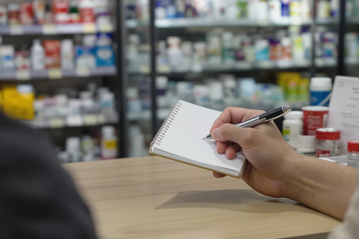 Primer plano de la mano de una persona escribiendo en un bloc de notas de espiral en el mostrador de una farmacia.