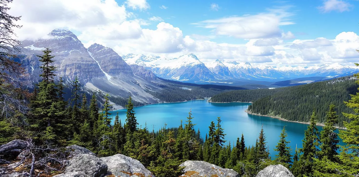 Turquoise glacial lake surrounded by snow-capped peaks and lush evergreen forests.