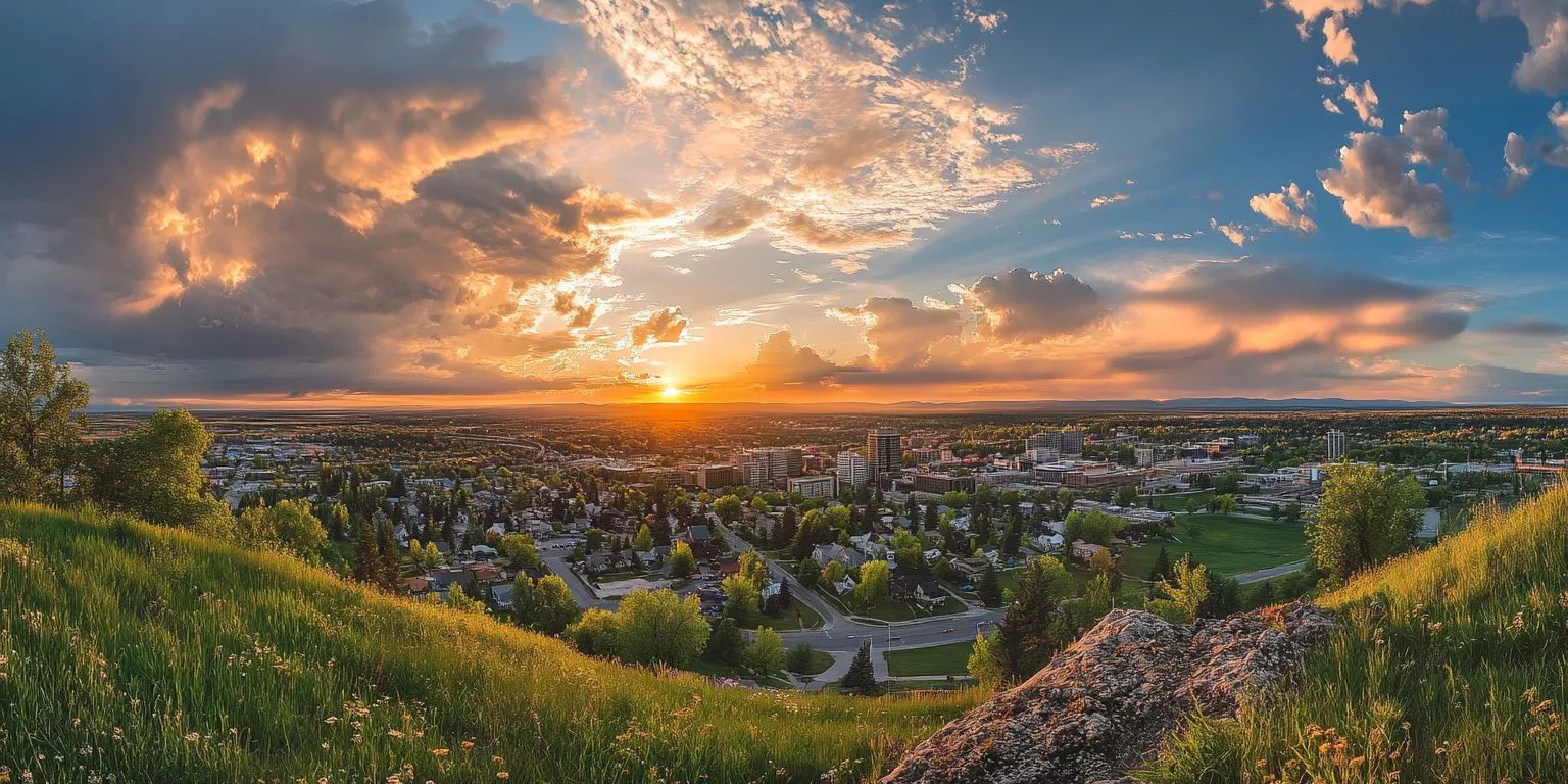 Panoramic sunset cityscape with buildings, lush greenery, vibrant sky, and distant hills.