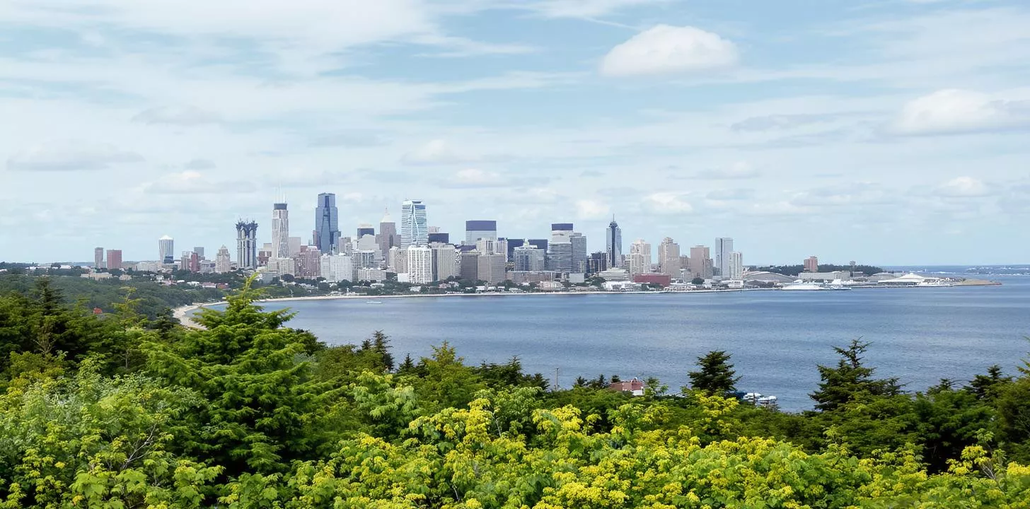 Modern city skyline across water with lush greenery in foreground and cloudy sky.