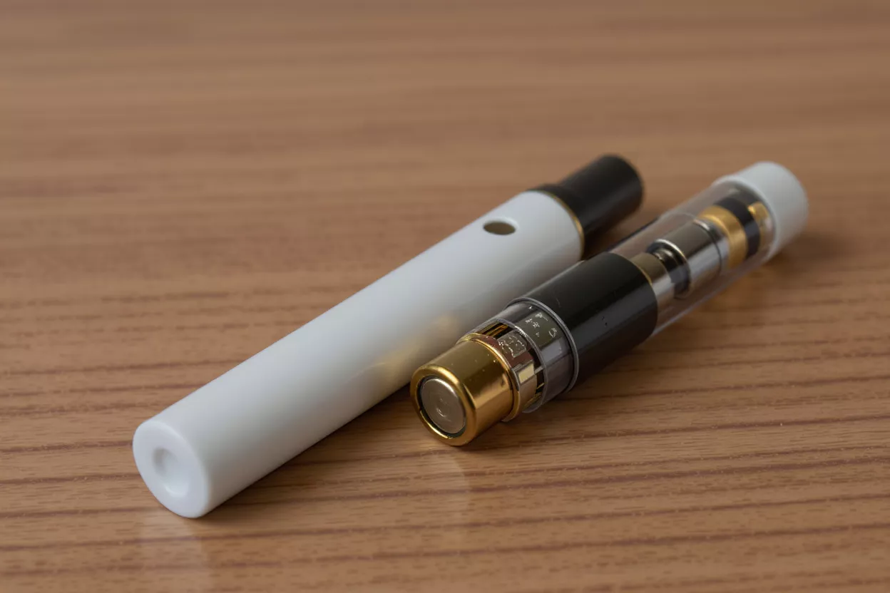 White vape pen and clear cartridge with gold accents on a wooden surface.