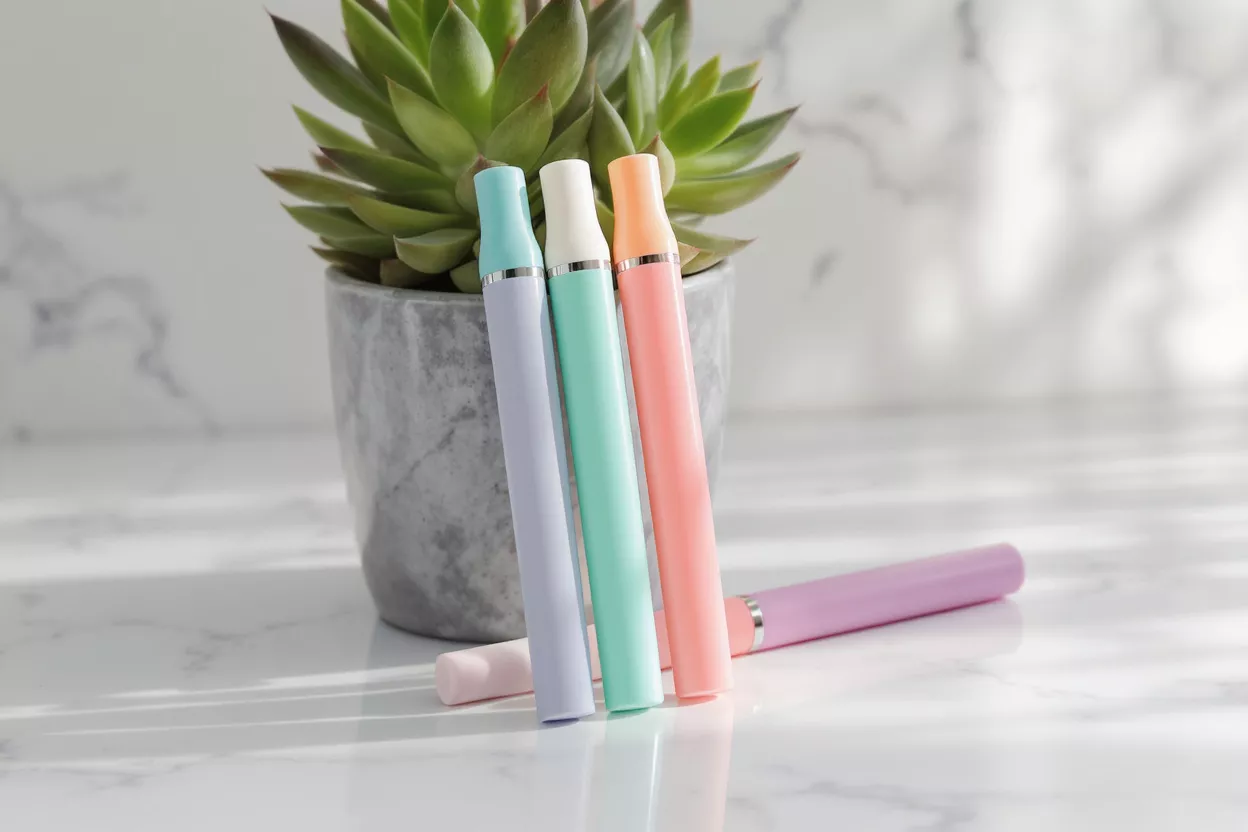 Four pastel vaporizer pens in purple, mint, peach, and pink, next to a succulent.