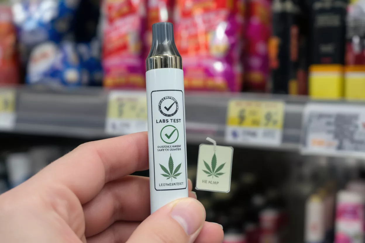 Hand holding a white vape pen with 'Labs Test' and hemp leaf labels.