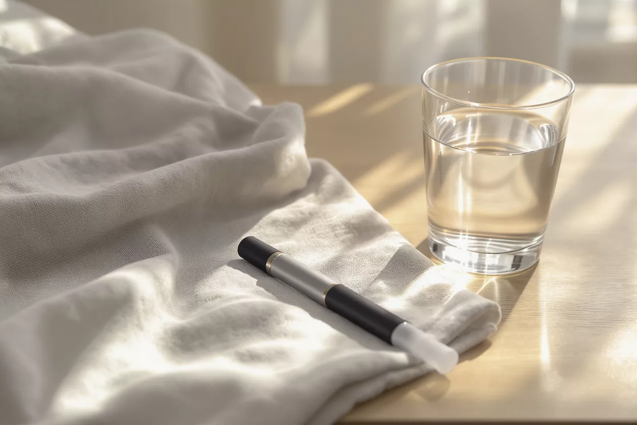 A black and silver pen rests on a white cloth next to a glass of water.