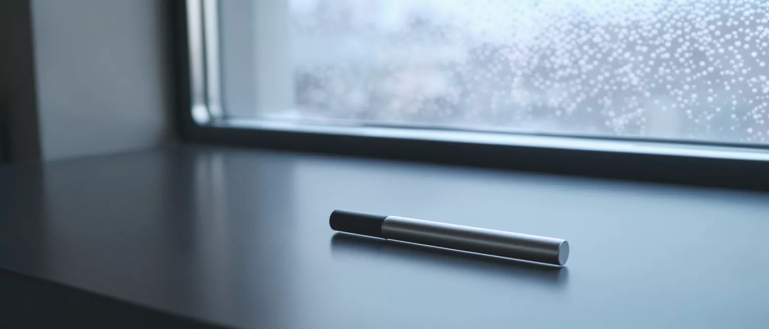 A metallic vape pen rests on a dark surface in front of a window with condensation.